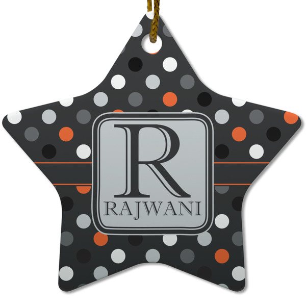 Custom Gray Dots Star Ceramic Ornament w/ Name and Initial