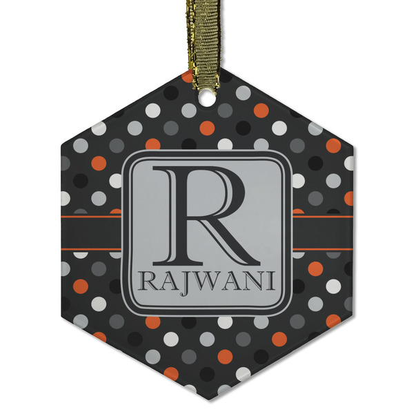 Custom Gray Dots Flat Glass Ornament - Hexagon w/ Name and Initial