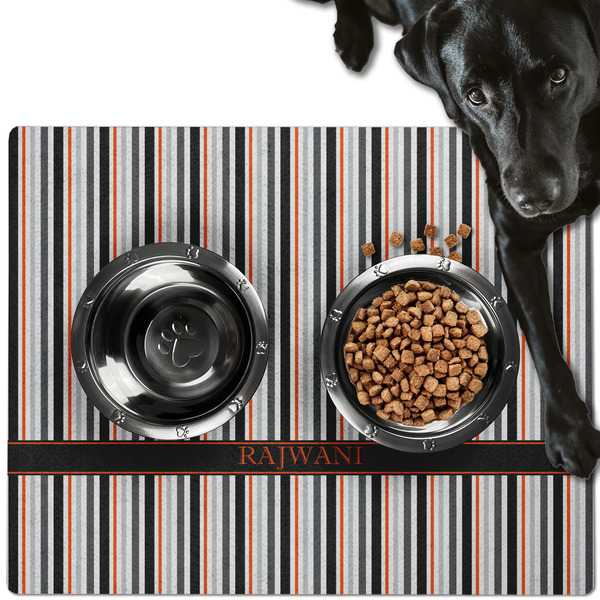 Custom Gray Stripes Dog Food Mat - Large w/ Name or Text