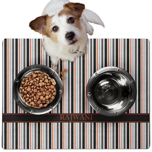 Custom Gray Stripes Dog Food Mat - Medium w/ Name or Text