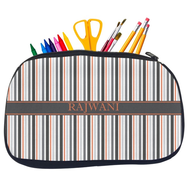 Custom Gray Stripes Neoprene Pencil Case - Medium w/ Name or Text