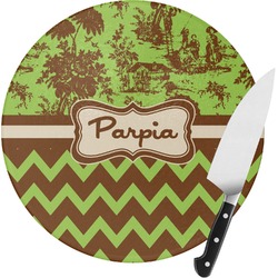 Green & Brown Toile & Chevron Round Glass Cutting Board - Small (Personalized)