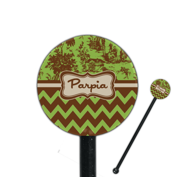 Custom Green & Brown Toile & Chevron 5.5" Round Plastic Stir Sticks - Black - Double Sided (Personalized)