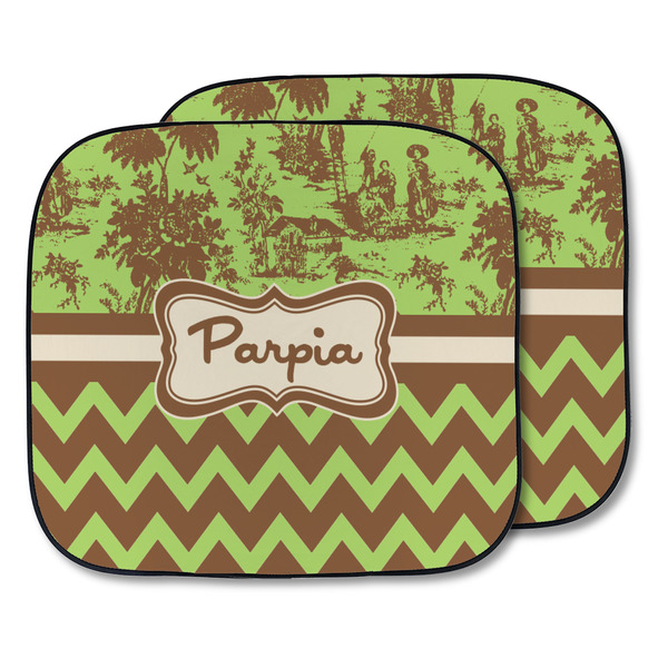 Custom Green & Brown Toile & Chevron Car Sun Shade - Two Piece (Personalized)