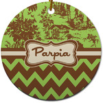 Green & Brown Toile & Chevron Round Ceramic Ornament w/ Name or Text