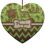 Green & Brown Toile & Chevron Heart Ceramic Ornament w/ Name or Text