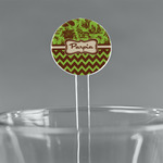 Green & Brown Toile & Chevron 7" Round Plastic Stir Sticks - Clear (Personalized)