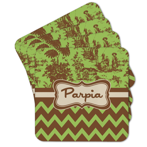 Custom Green & Brown Toile & Chevron Cork Coaster - Set of 4 w/ Name or Text