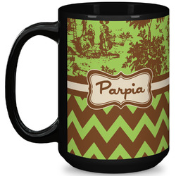 Green & Brown Toile & Chevron 15 Oz Coffee Mug - Black (Personalized)