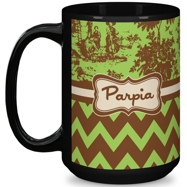 Custom Green & Brown Toile & Chevron 15 Oz Coffee Mug - Black (Personalized)