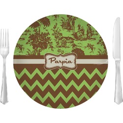 Green & Brown Toile & Chevron Glass Lunch / Dinner Plate 10" (Personalized)