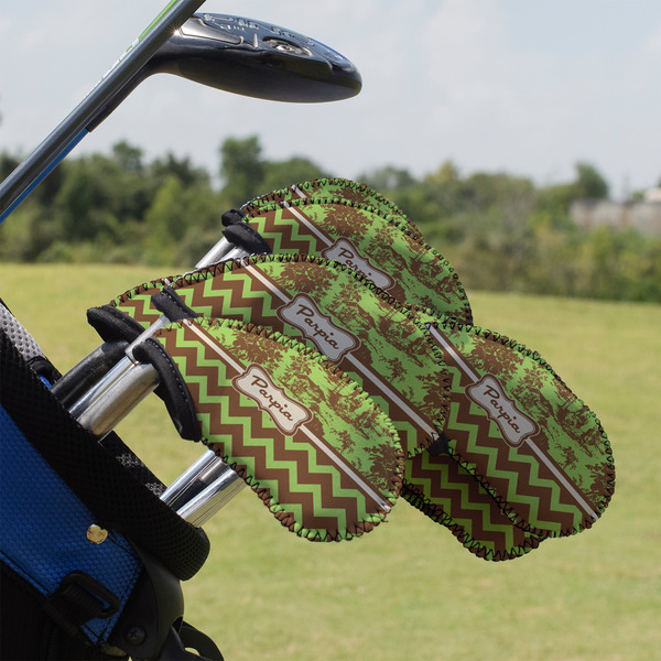 Custom Green & Brown Toile & Chevron Golf Club Iron Cover - Set of 9 (Personalized)