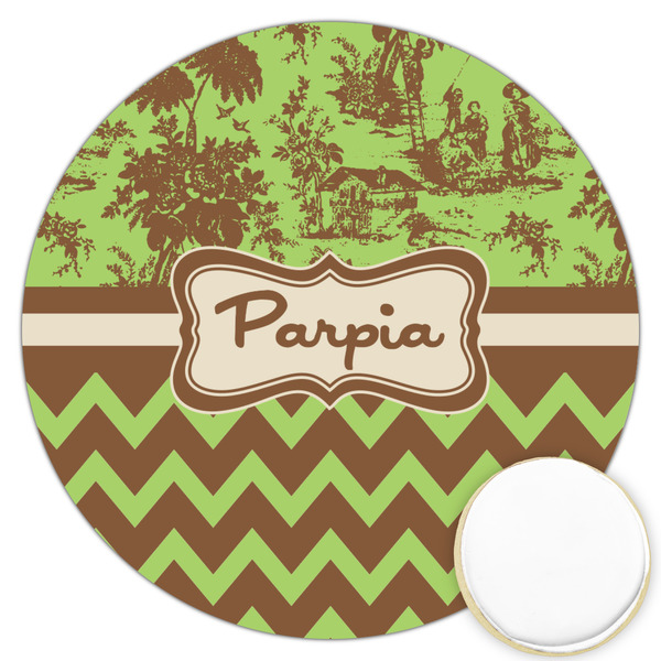 Custom Green & Brown Toile & Chevron Printed Cookie Topper - 3.25" (Personalized)