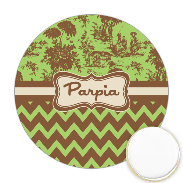 Custom Green & Brown Toile & Chevron Printed Cookie Topper - Round (Personalized)