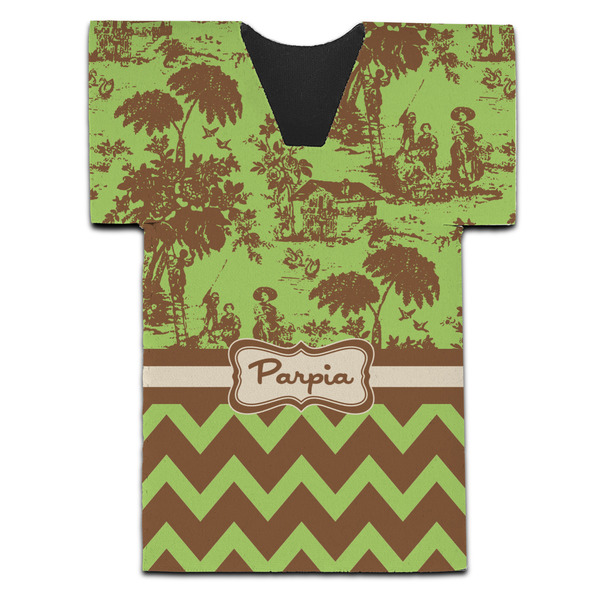 Custom Green & Brown Toile & Chevron Jersey Bottle Cooler (Personalized)