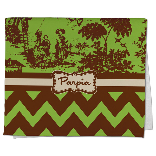 Custom Green & Brown Toile & Chevron Kitchen Towel - Poly Cotton w/ Name or Text