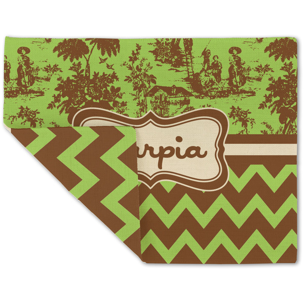 Custom Green & Brown Toile & Chevron Double-Sided Linen Placemat - Single w/ Name or Text