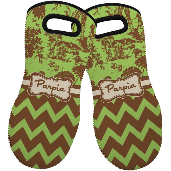 Custom Green & Brown Toile & Chevron Neoprene Oven Mitts - Set of 2 w/ Name or Text