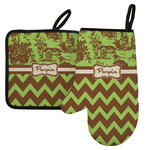 Green & Brown Toile & Chevron Left Oven Mitt & Pot Holder Set w/ Name or Text