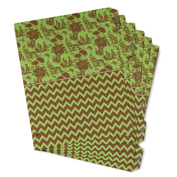 Custom Green & Brown Toile & Chevron Binder Tab Divider - Set of 6 (Personalized)