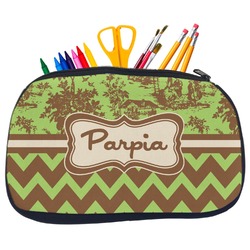 Green & Brown Toile & Chevron Neoprene Pencil Case - Medium w/ Name or Text