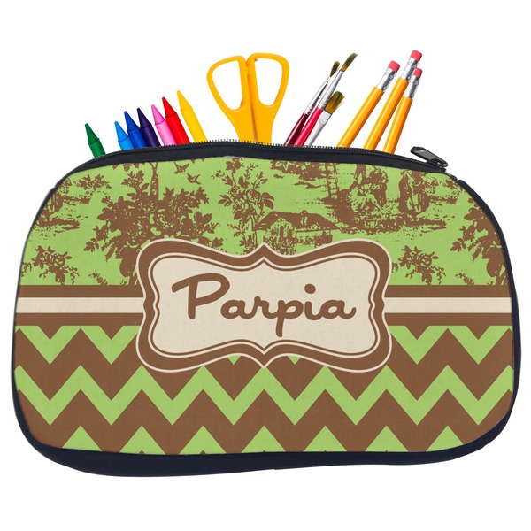 Custom Green & Brown Toile & Chevron Neoprene Pencil Case - Medium w/ Name or Text