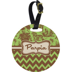 Green & Brown Toile & Chevron Plastic Luggage Tag - Round (Personalized)