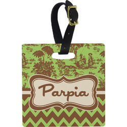 Green & Brown Toile & Chevron Plastic Luggage Tag - Square w/ Name or Text