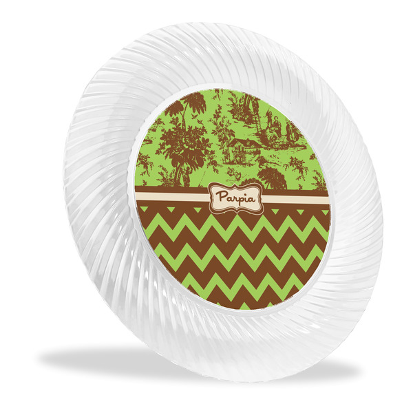 Custom Green & Brown Toile & Chevron Plastic Party Dinner Plates - 10" (Personalized)