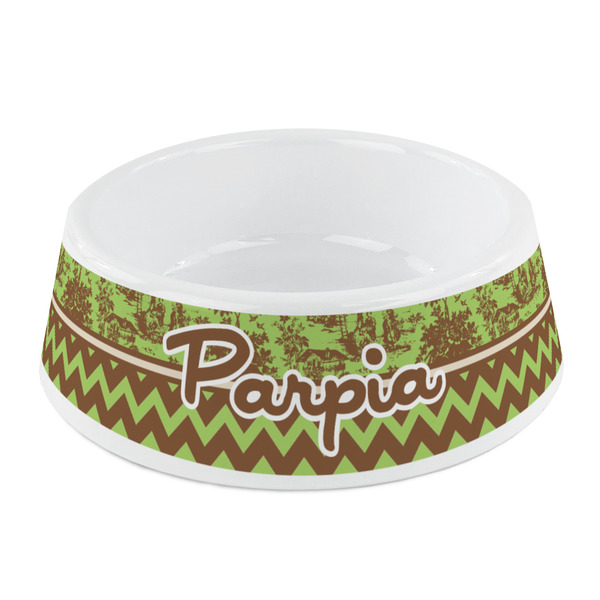 Custom Green & Brown Toile & Chevron Plastic Dog Bowl - Small (Personalized)