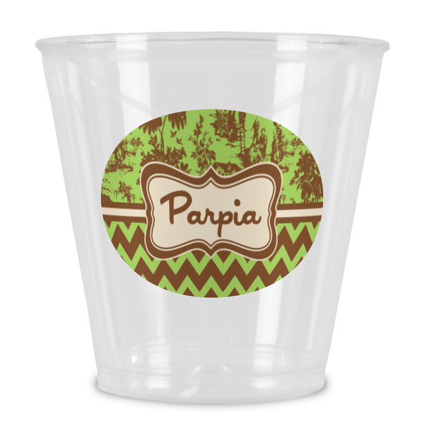 Custom Green & Brown Toile & Chevron Plastic Shot Glass (Personalized)