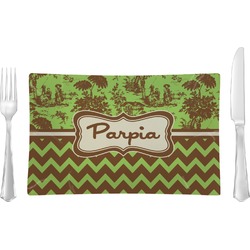 Green & Brown Toile & Chevron Rectangular Glass Lunch / Dinner Plate - Single or Set (Personalized)