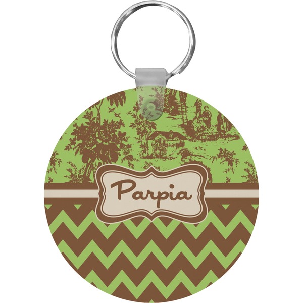 Custom Green & Brown Toile & Chevron Round Plastic Keychain (Personalized)