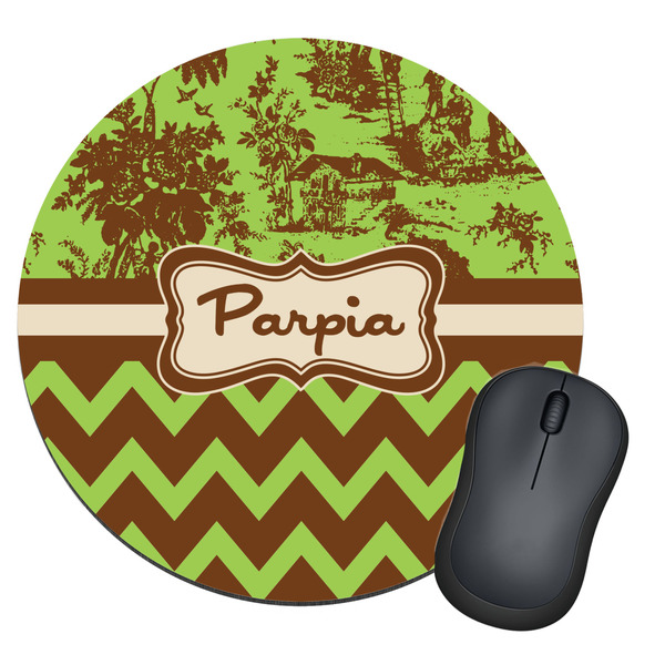 Custom Green & Brown Toile & Chevron Round Mouse Pad (Personalized)