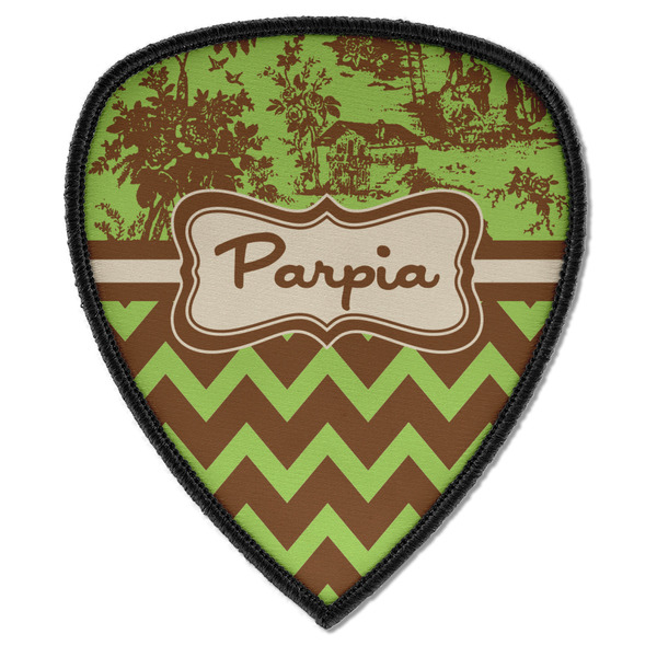 Custom Green & Brown Toile & Chevron Iron on Shield Patch A w/ Name or Text