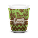 Green & Brown Toile & Chevron Ceramic Shot Glass - 1.5 oz - White - Set of 4 (Personalized)