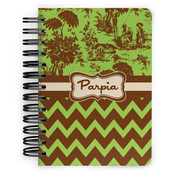 Custom Green & Brown Toile & Chevron Spiral Notebook - 5x7 w/ Name or Text