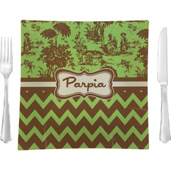 Green & Brown Toile & Chevron 9.5" Glass Square Lunch / Dinner Plate- Single or Set of 4 (Personalized)