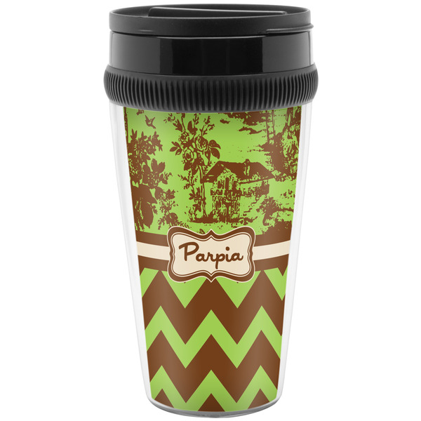 Custom Green & Brown Toile & Chevron Acrylic Travel Mug without Handle (Personalized)