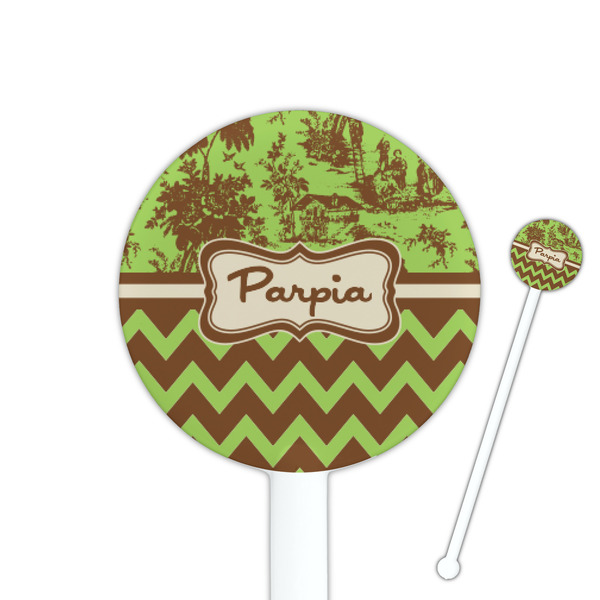 Custom Green & Brown Toile & Chevron 5.5" Round Plastic Stir Sticks - White - Double Sided (Personalized)