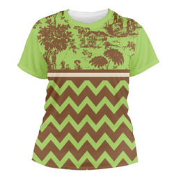 Green & Brown Toile & Chevron Women's Crew T-Shirt - X Large
