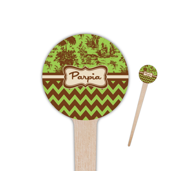 Custom Green & Brown Toile & Chevron 4" Round Wooden Food Picks - Single Sided (Personalized)