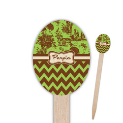 Green & Brown Toile & Chevron Oval Wooden Food Picks - Double Sided (Personalized)