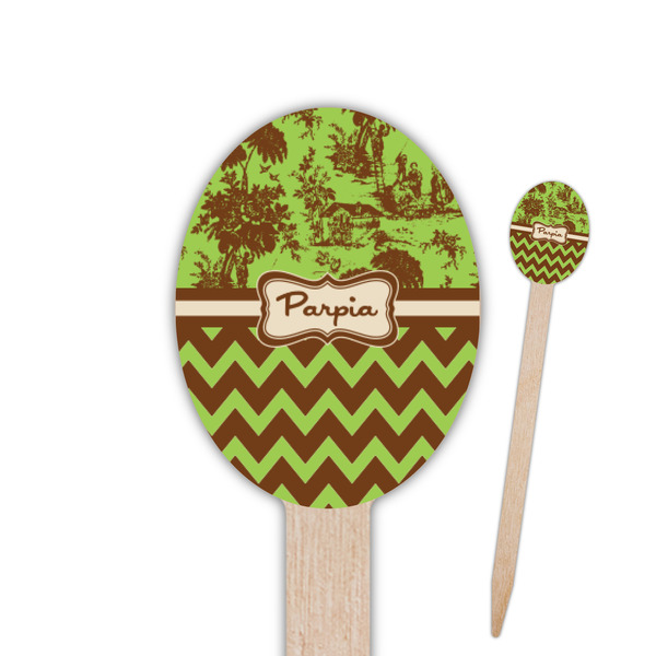 Custom Green & Brown Toile & Chevron Oval Wooden Food Picks - Double Sided (Personalized)