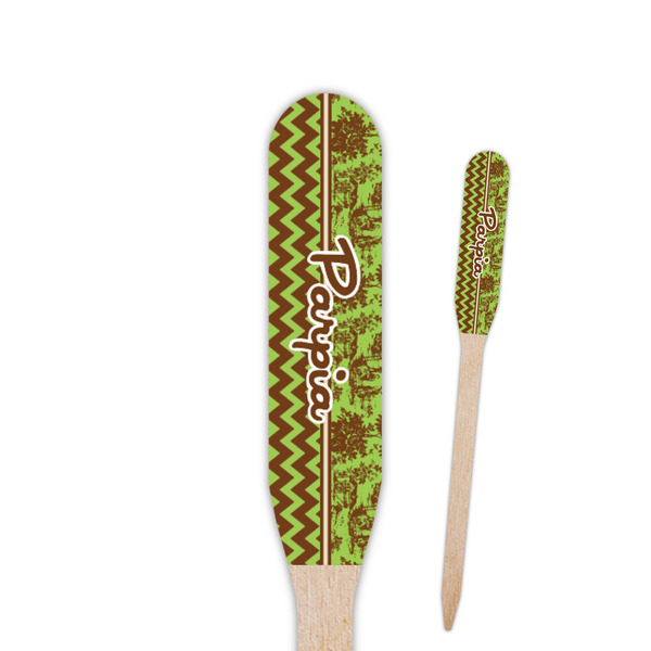 Custom Green & Brown Toile & Chevron Paddle Wooden Food Picks - Single Sided (Personalized)