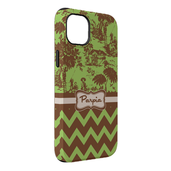 Custom Green & Brown Toile & Chevron iPhone Case - Rubber Lined - iPhone 14 Plus (Personalized)