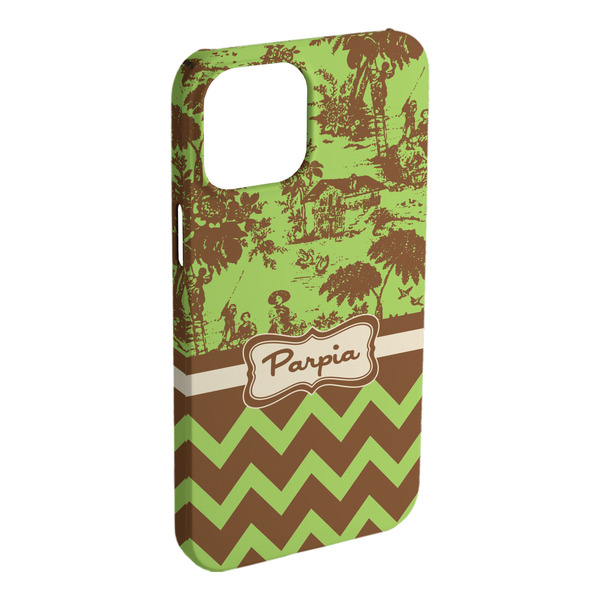 Custom Green & Brown Toile & Chevron iPhone Case - Plastic - iPhone 15 Plus (Personalized)