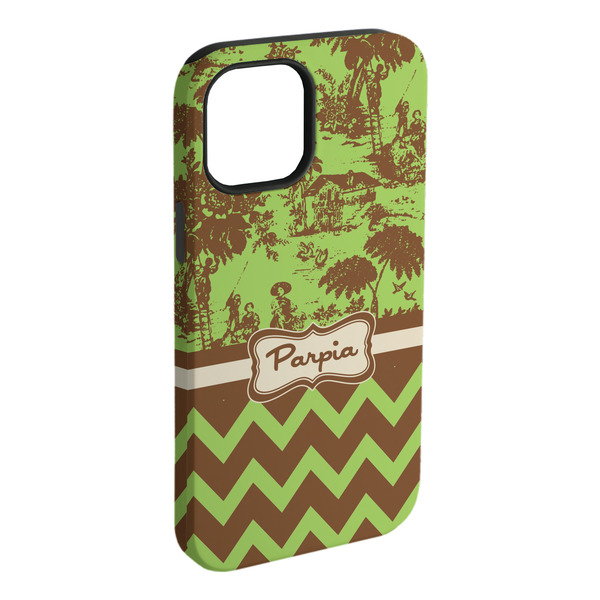 Custom Green & Brown Toile & Chevron iPhone Case - Rubber Lined - iPhone 15 Plus (Personalized)