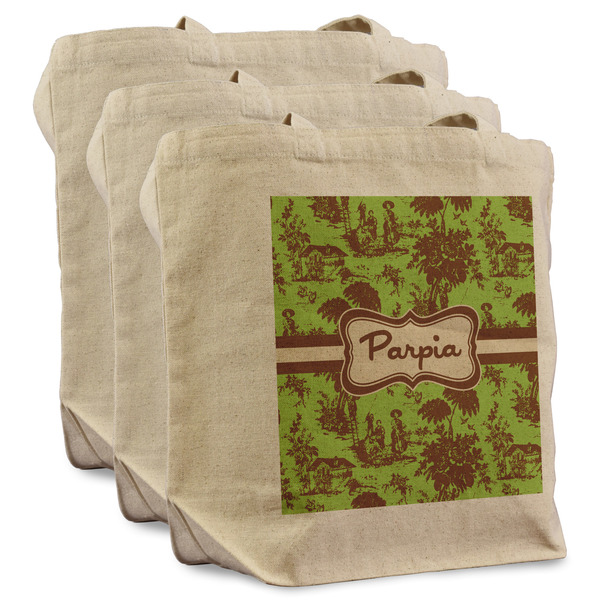 Custom Green & Brown Toile Reusable Cotton Grocery Bags - Set of 3 (Personalized)