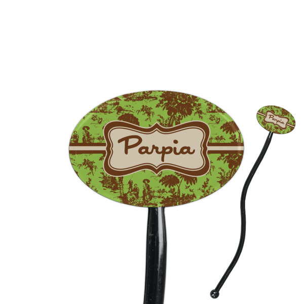 Custom Green & Brown Toile 7" Oval Plastic Stir Sticks - Black - Double Sided (Personalized)